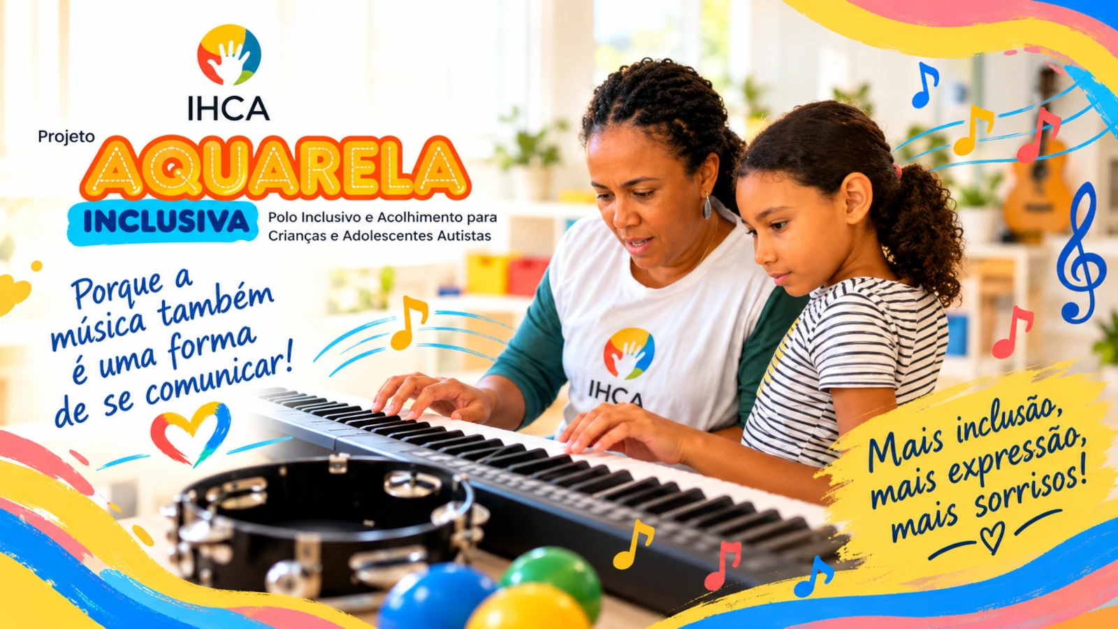 Criança explorando instrumentos musicais em oficina do IHCA